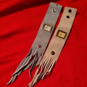 2 Suede Leather‎ Fringed Wrist Cuffs With Watches Western Biker Boho Grey Beige